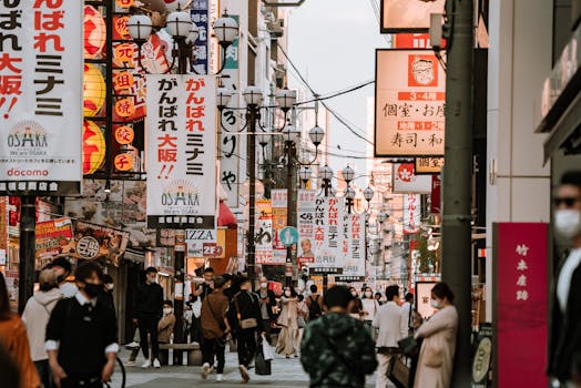 busy urban street with restaurants